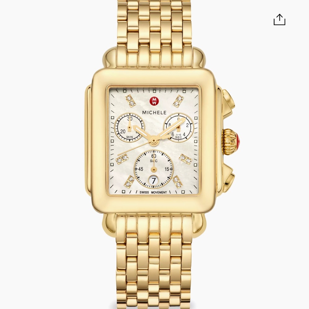 Michelle Deco watch in gold with 12 sparking diamond marks w extra wrist band
